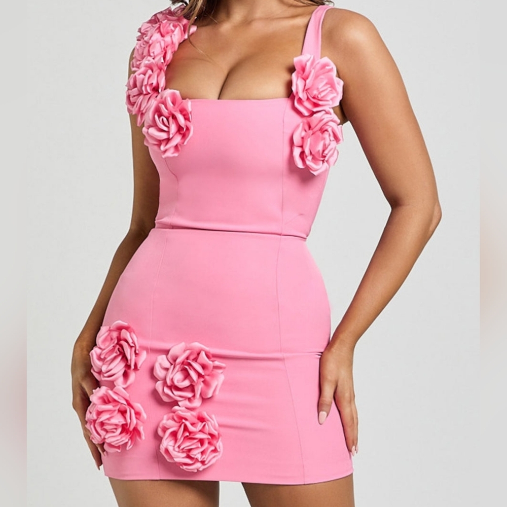 NWT Showpo Rosette Detail Fitted Dress in Bubblegum Pink